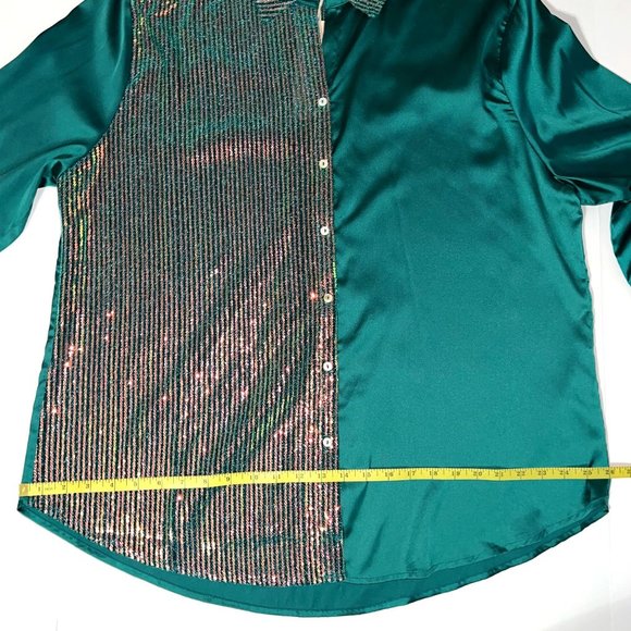 GeeGee Plus - Women's Size 1XL Green Sequins Long Sleeve Button Up Blouse - Picture 9 of 11